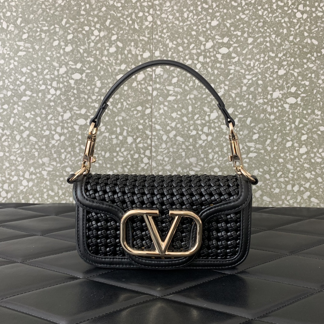 Valentino Garavani Loco Small Shoulder Bag in Black Metallic Woven Leather